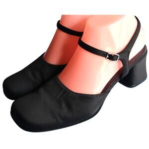 Vintage Y2K Black Block Heel Slingback Square Toe Pump Mary Jane Chunky 7.5